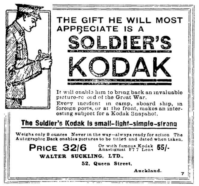 Advertisement for Soldier's Kodak camera. Auckland Star, 20 September 1915