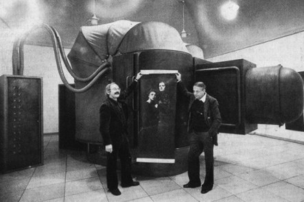 Werner Kraus and Erhard Hößle in front of the original IMAGO camera, 1974