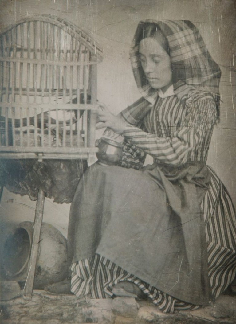 Louis-Adolphe Humbert de Molard Portrait de sa fille Louise-Marie-Julie donnant à manger à une pie dans une cage 1846, 15 SeptemberDaguerreotype, 1:4 plate