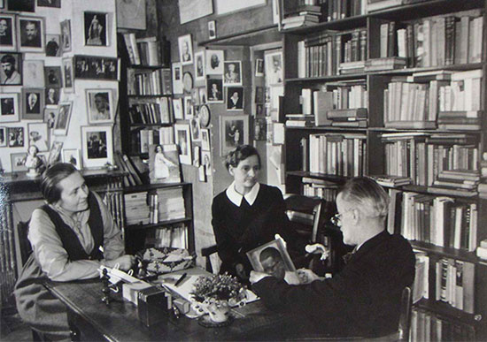 James Joyce with Sylvia Beach and Adrienne Monnier, the two publishers of Ulysses, in Shakespeare and Company, Paris, 1938 Black-and-white photograph; Fiber Base Silver Gelatine Print; w