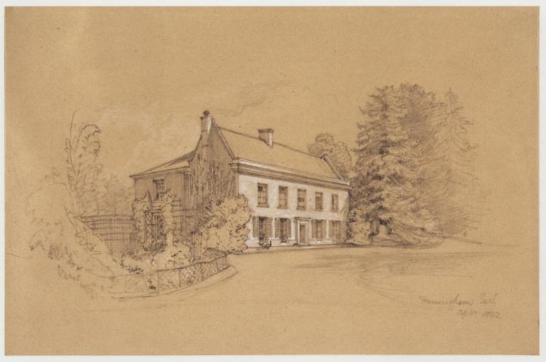 Framingham Earl Hall- view of the front of the house (folio 3, no. 9), 1842. Graphite, heightened with white, on buff paper, 16.7 x 25.3 cm