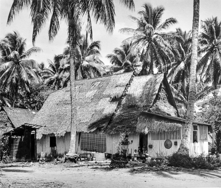 attap roof home in Kampong Ambe r, photograph ed in 195 7.