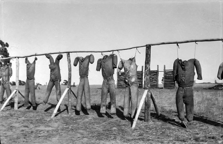Straw effigies used for bayonet drill, Seymour Army Camp 1915, courtesy Victorian Collections