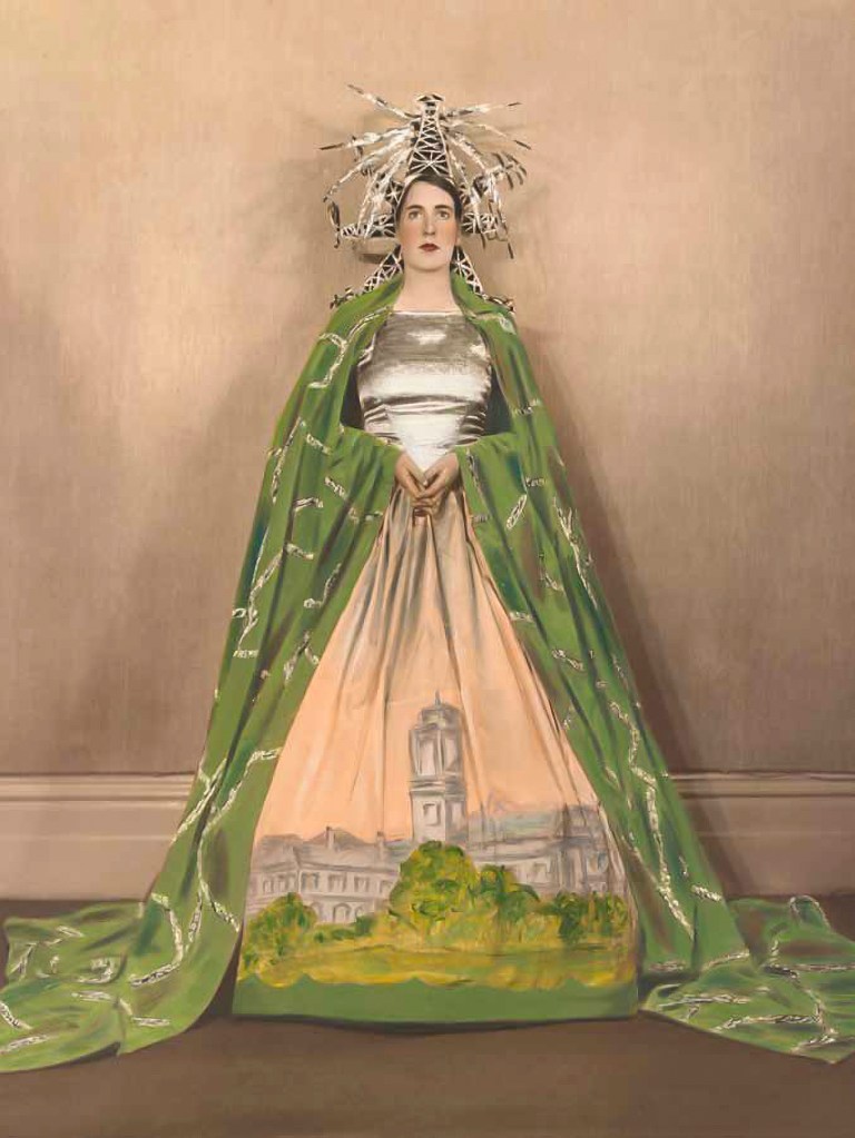 Jessie Brookes wearing the ‘State of Victoria’ gown for the Pageant of Nations gala events, Victorian Centenary Celebrations, c. 1934. Photograph by Broothorn Studios-Enhanced